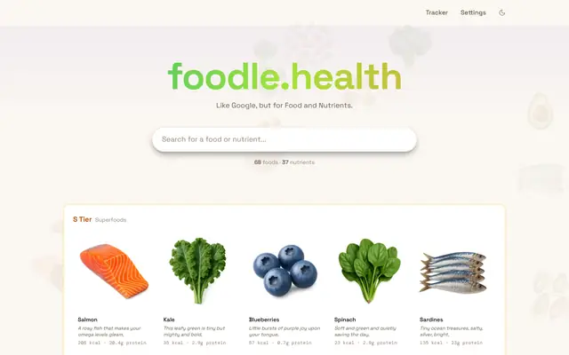 foodle.health search page with superfoods like salmon and kale
