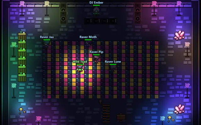 Emberfall: players dancing on a neon disco floor while DJ Ember plays