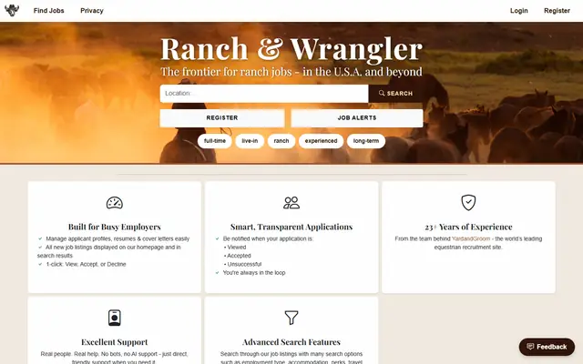 Ranch & Wrangler homepage with a herd of horses at sunset