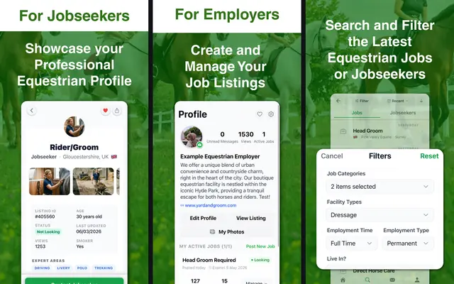 YardandGroom app screens: a jobseeker profile, an employer's job listings and search filters