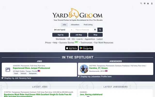 YardandGroom homepage with job search and spotlight listings